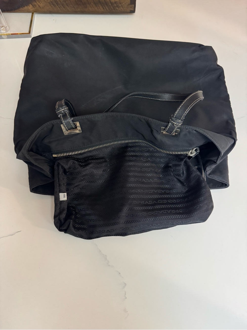 Prada Vintage Tessuto Black Nylon Shoulder Tote with Leather Top Handles Italy - Picture 10 of 17